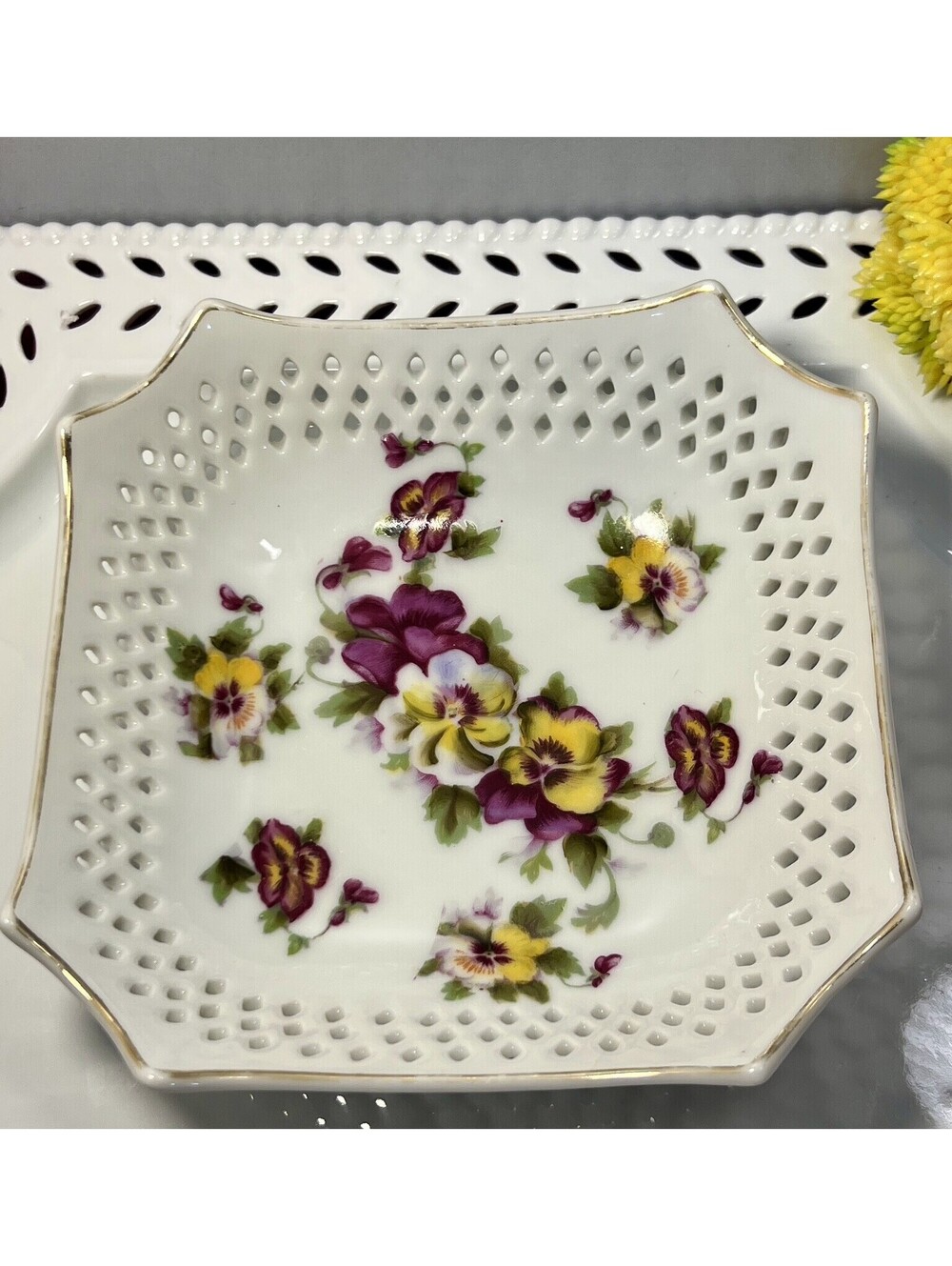 Vintage Norcrest Great Violets Fine Bone China Reticulated Square Bowl - Japan